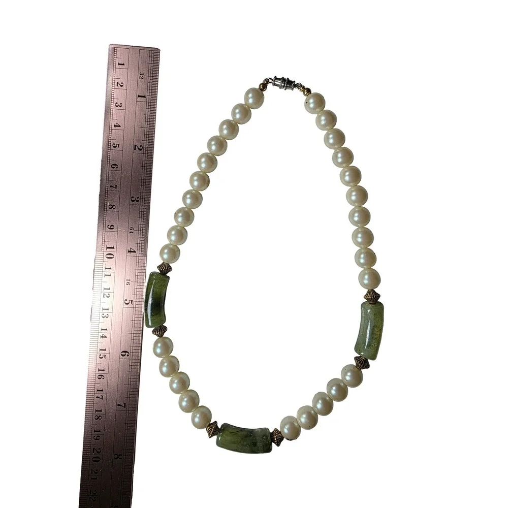 Vintage Faux Pearl and Faux Jade Statement Cocktail Necklace Boho Chic Green
